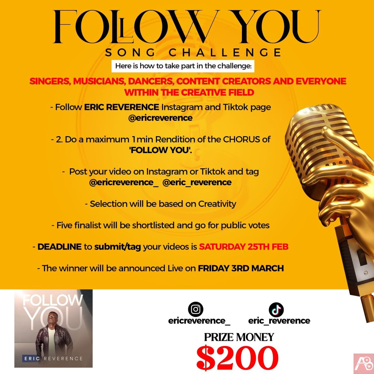 $200 Up For Grabs As Eric Reverence Announces Follow You Challenge 